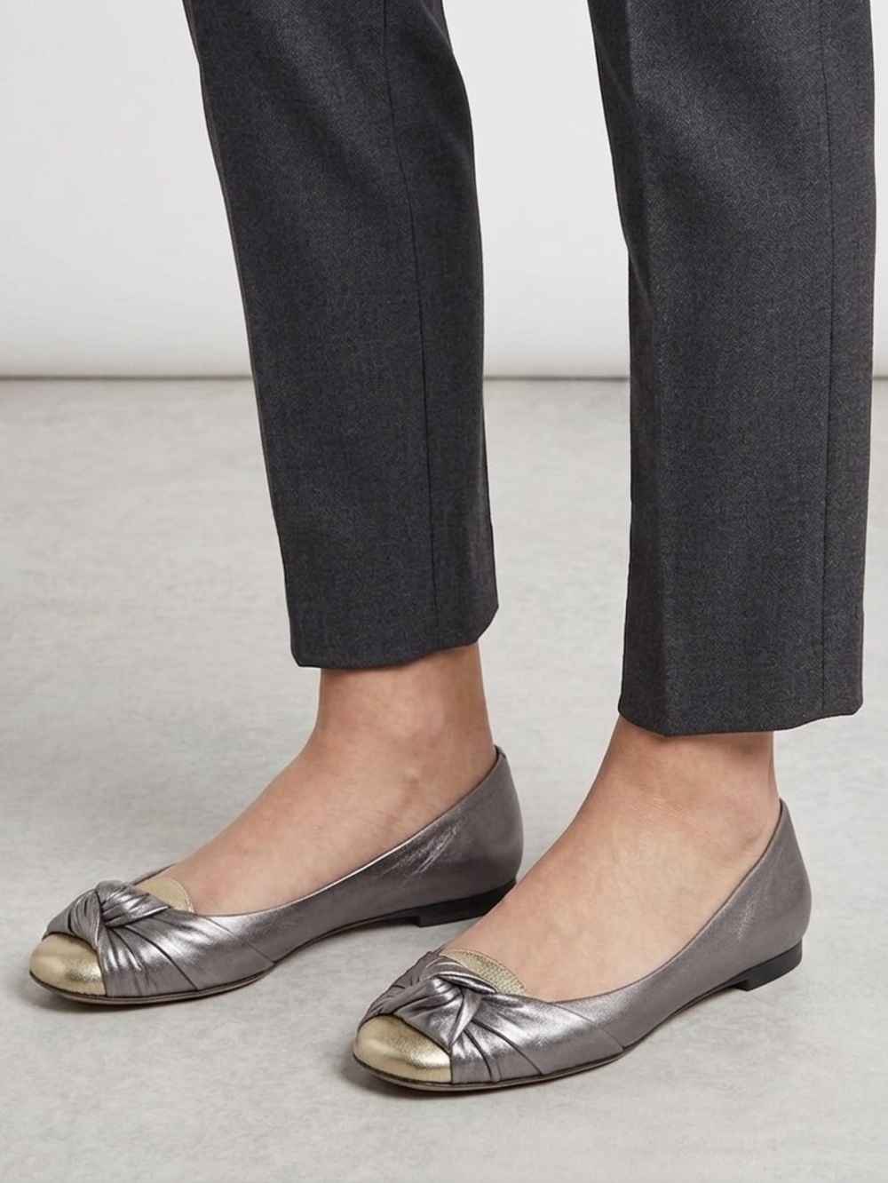 Prada Silver Metallic Leather Knot Toe Flats with Gold Cap
